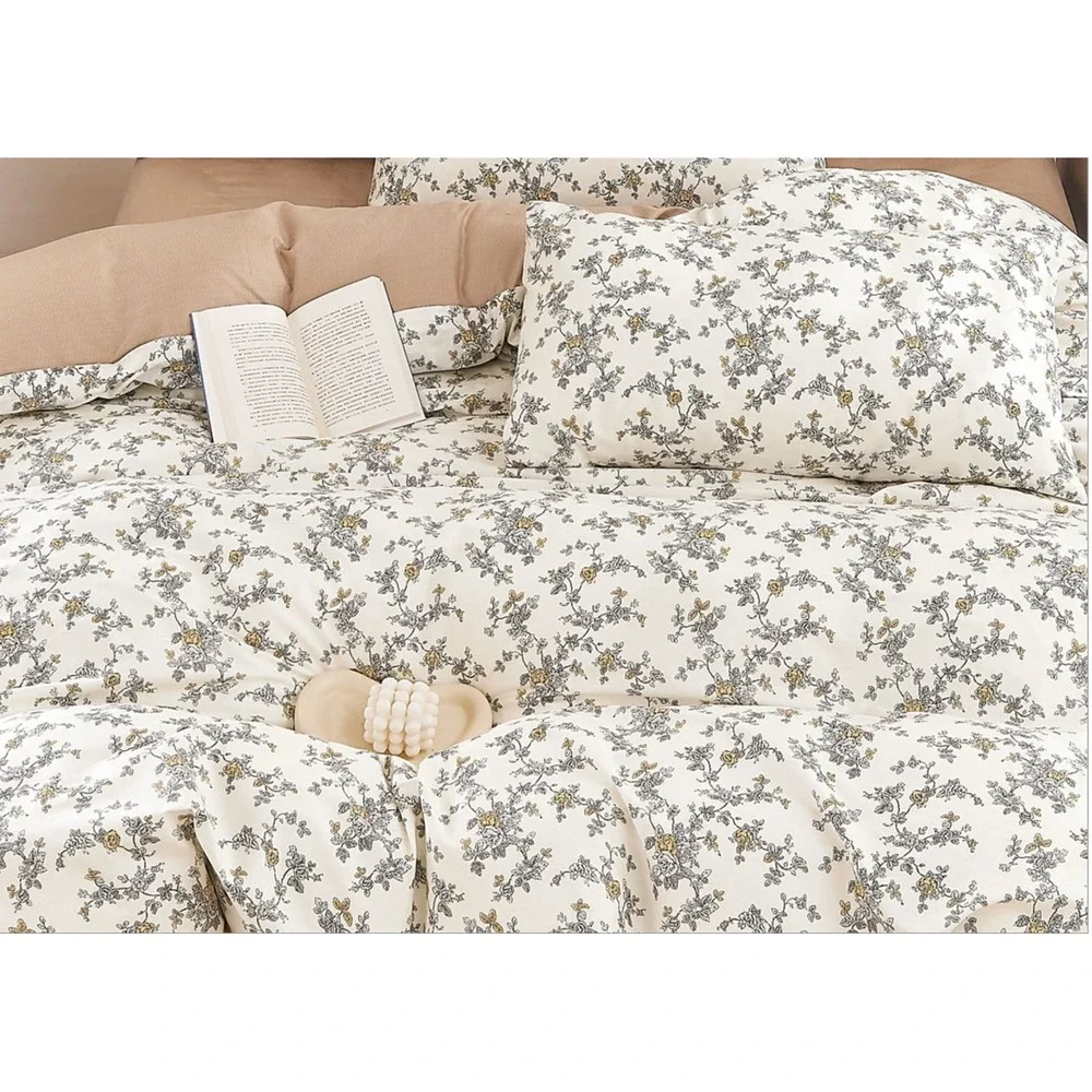 Demi-Dusk Gray White Brown Floral 100% Cotton Reversible Comforter Set King‎